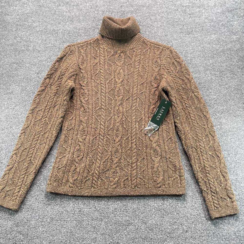 Lauren Ralph Lauren Turtleneck Sweater Women M Brown Wool Cable Knit NWT